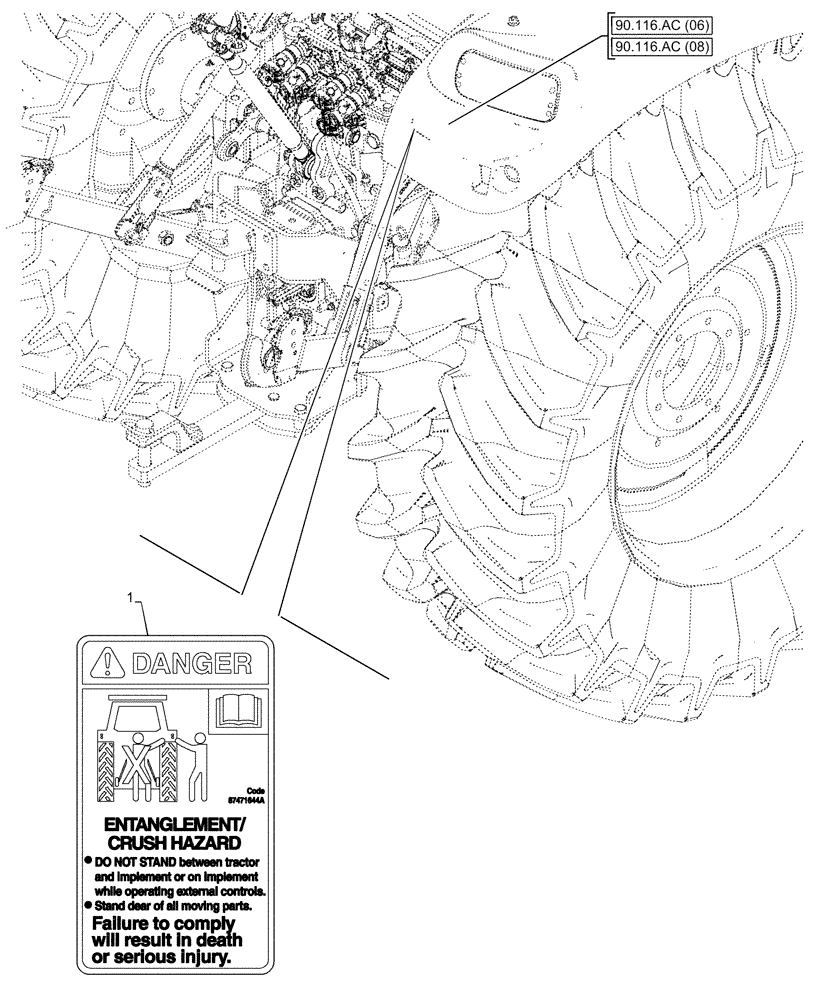 Схема запчастей Case IH FARMALL 120C - (90.108.AC[23]) - VAR - 332035 - WARNING DECAL, OUTSIDE, REAR (90) - PLATFORM, CAB, BODYWORK AND DECALS