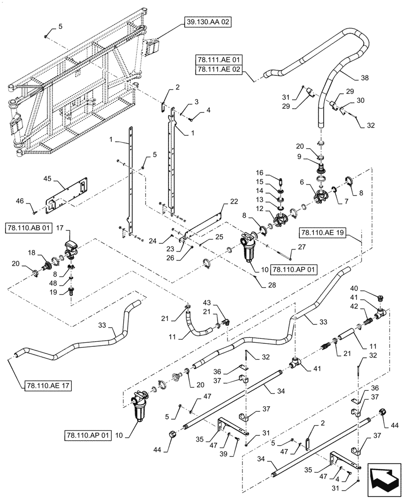 Схема запчастей Case IH PATRIOT 2250 - (78.110.AE[23]) - BOOM PLUMBING, CENTER, 20"/30" NOZZLE SPACING, 5 SECTION, 90, BSN YGT042519 (78) - SPRAYING