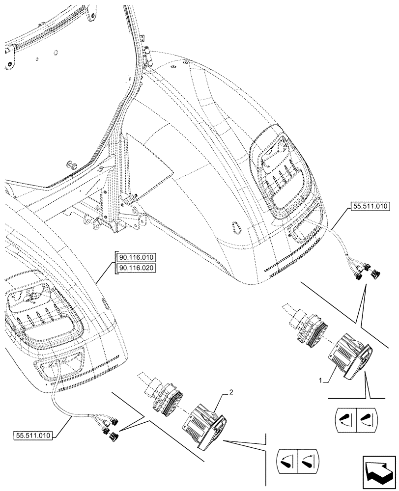 Схема запчастей Case IH OPTUM 300 CVT - (55.523.010) - VAR - 758033 - REAR FENDER, HITCH, SWITCH (55) - ELECTRICAL SYSTEMS