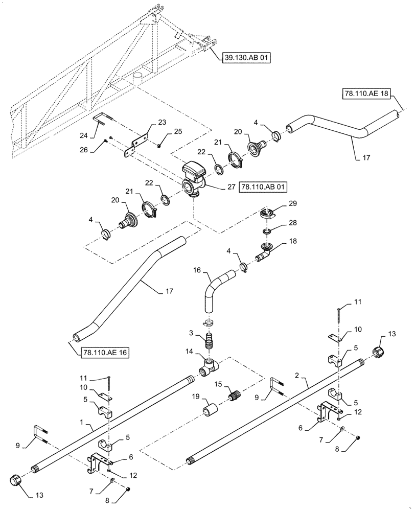 Схема запчастей Case IH PATRIOT 2250 - (78.110.AE[17]) - BOOM PLUMBING, LH, INNER, 20" NOZZLE SPACING, 5 SECTION, 90, BSN YGT042519 (78) - SPRAYING