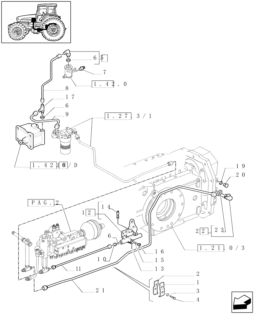 Схема запчастей Case IH JX100U - (1.33.2/08[01]) - (VAR.275-279) POWER SHUTTLE - HI-LO - 30-40 KMH - HYDR. PTO - PIPES & VALVE SUPPORT (04) - FRONT AXLE & STEERING