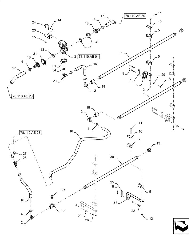 Схема запчастей Case IH PATRIOT 2250 - (78.110.AE[29]) - BOOM PLUMBING, RH, INNER, 20" NOZZLE SPACING, 6 SECTION, 90, BSN YGT042519 (78) - SPRAYING