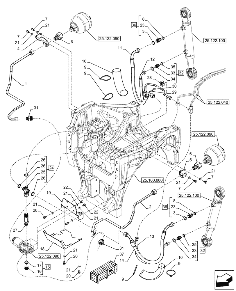 Схема запчастей Case IH OPTUM 270 CVT - (25.122.030) - VAR - 758768, 758769, 758774, 758775, 758776, 759086, 759123, 759304 - FRONT AXLE, SUSPENSION, LINES, W/O FRONT PTO (25) - FRONT AXLE SYSTEM