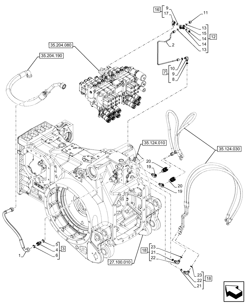 Схема запчастей Case IH OPTUM 270 CVT - (35.124.020) - VAR - 758762, 758766 - REAR, 3 POINT HITCH, CONTROL VALVE, LINES (35) - HYDRAULIC SYSTEMS