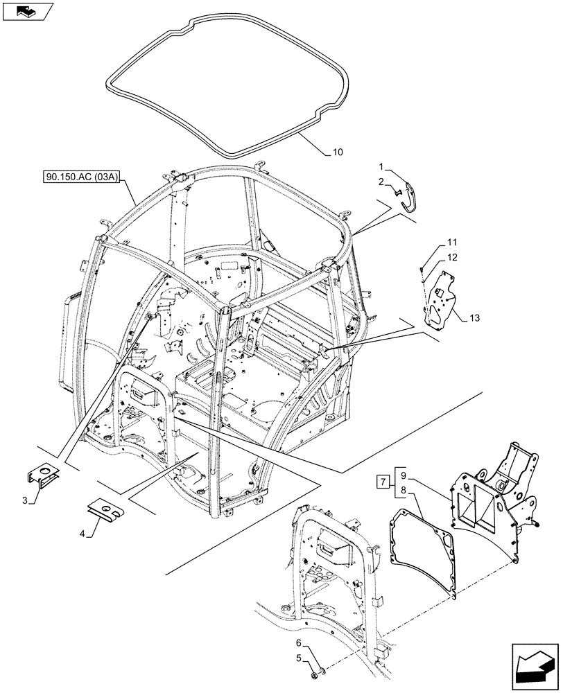 Схема запчастей Case IH FARMALL 95C - (90.150.AC[04A]) - VAR - 744588, 743573, 743496, 391606, 334211, 334183 - CAB FRAME, FIXED WINDSHIELD, SPARK ARRESTER, NA - BEGIN YR 01-APR-2014 (90) - PLATFORM, CAB, BODYWORK AND DECALS