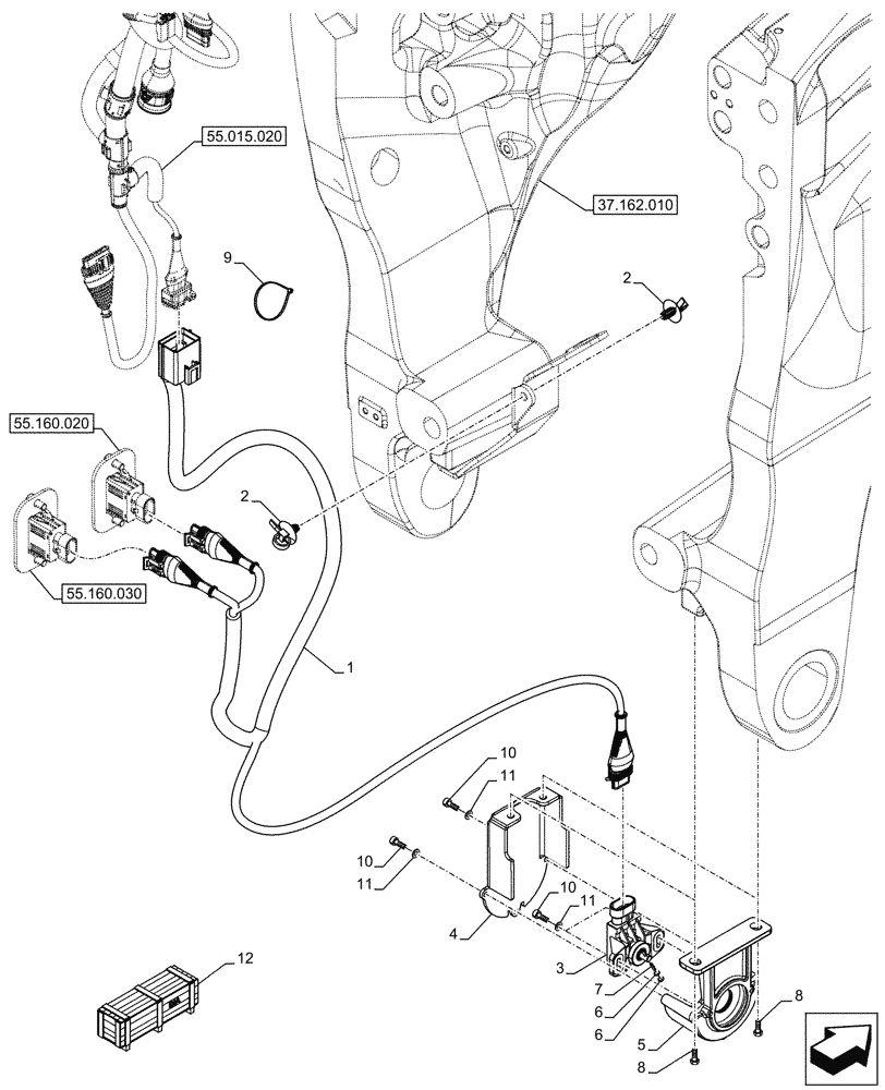 Схема запчастей Case IH OPTUM 300 CVT - (55.160.010) - VAR - 758768, 758769, 758770, 758771, 758772, 758773, 759086, 759304, 759305, 759306, 759307, 759308 - FRONT, 3 POINT HITCH, SENSOR (55) - ELECTRICAL SYSTEMS