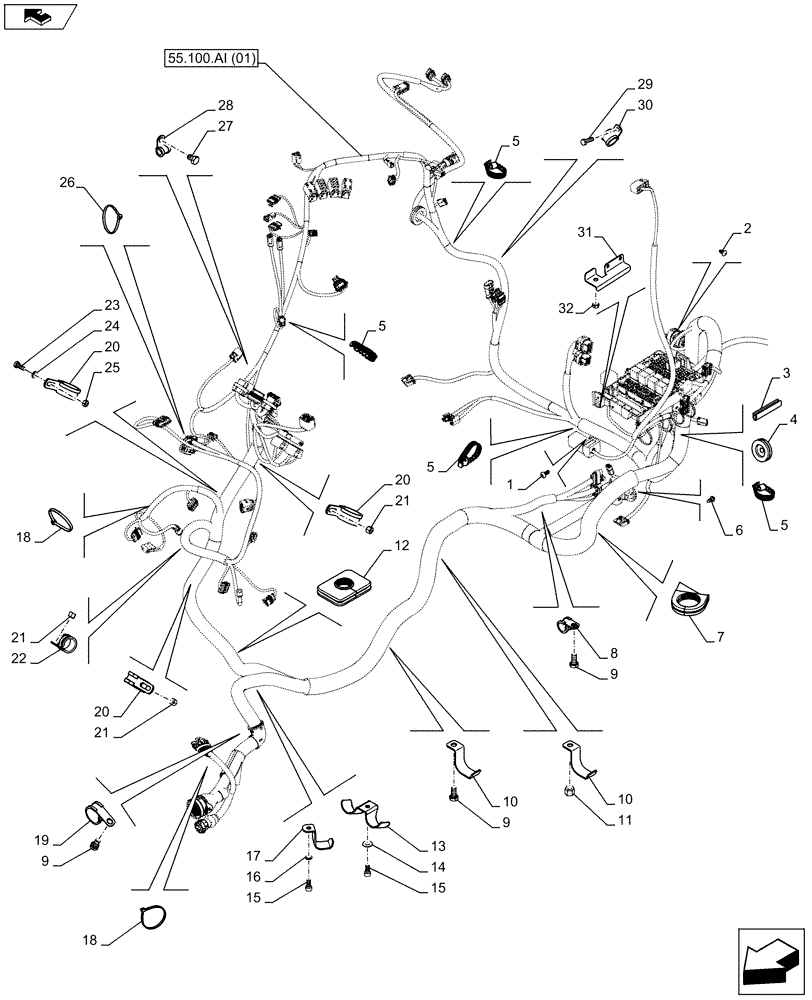 Схема запчастей Case IH FARMALL 105U - (55.100.AI[02]) - STD + VAR - 390754 - MAIN HARNESS, CABLE CLIP, BRACKET, ISO - END YR 10-MAR-2013 (55) - ELECTRICAL SYSTEMS
