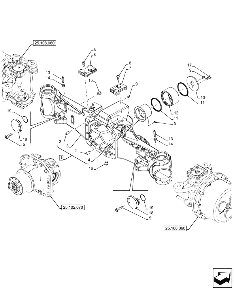 Схема запчастей Case IH OPTUM 300 CVT - (25.100.030) - VAR - 758796 - FRONT AXLE, W/ FRONT BRAKES, HOUSING (25) - FRONT AXLE SYSTEM