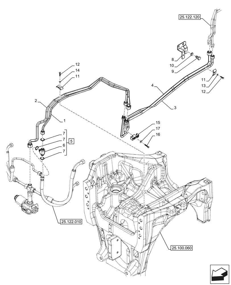 Схема запчастей Case IH OPTUM 300 CVT - (25.122.020) - VAR - 758770, 758771, 758772, 758773, 759305, 759306, 759307, 759308 - FRONT AXLE, SUSPENSION, LINES, W/ FRONT PTO (25) - FRONT AXLE SYSTEM