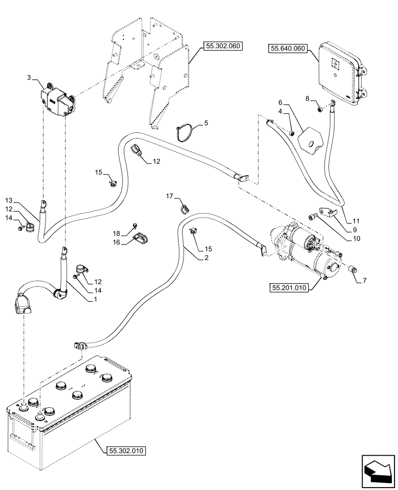 Схема запчастей Case IH FARMALL 120U - (55.302.020) - VAR - 334774, 391741 - BATTERY CABLES (55) - ELECTRICAL SYSTEMS