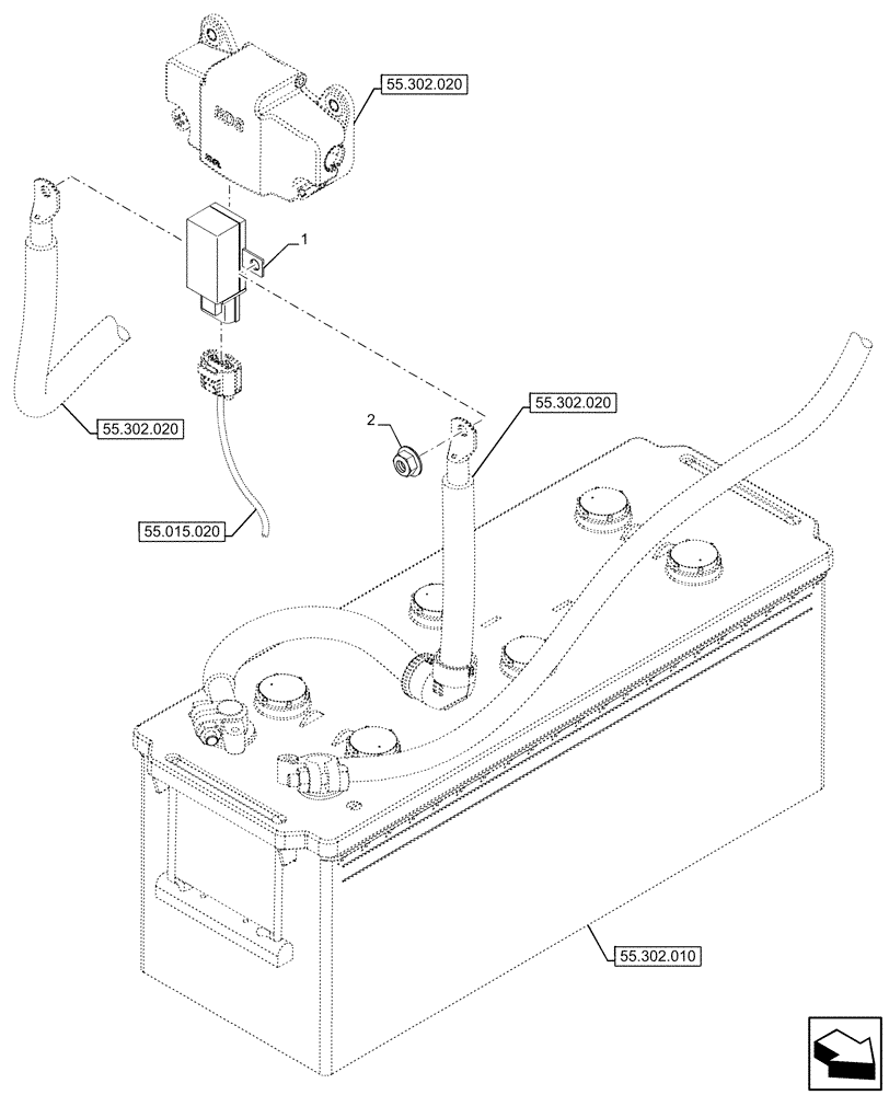 Схема запчастей Case IH FARMALL 120U - (55.302.050) - VAR - 334774 - BATTERY CABLES, W/ ISOLATOR (55) - ELECTRICAL SYSTEMS