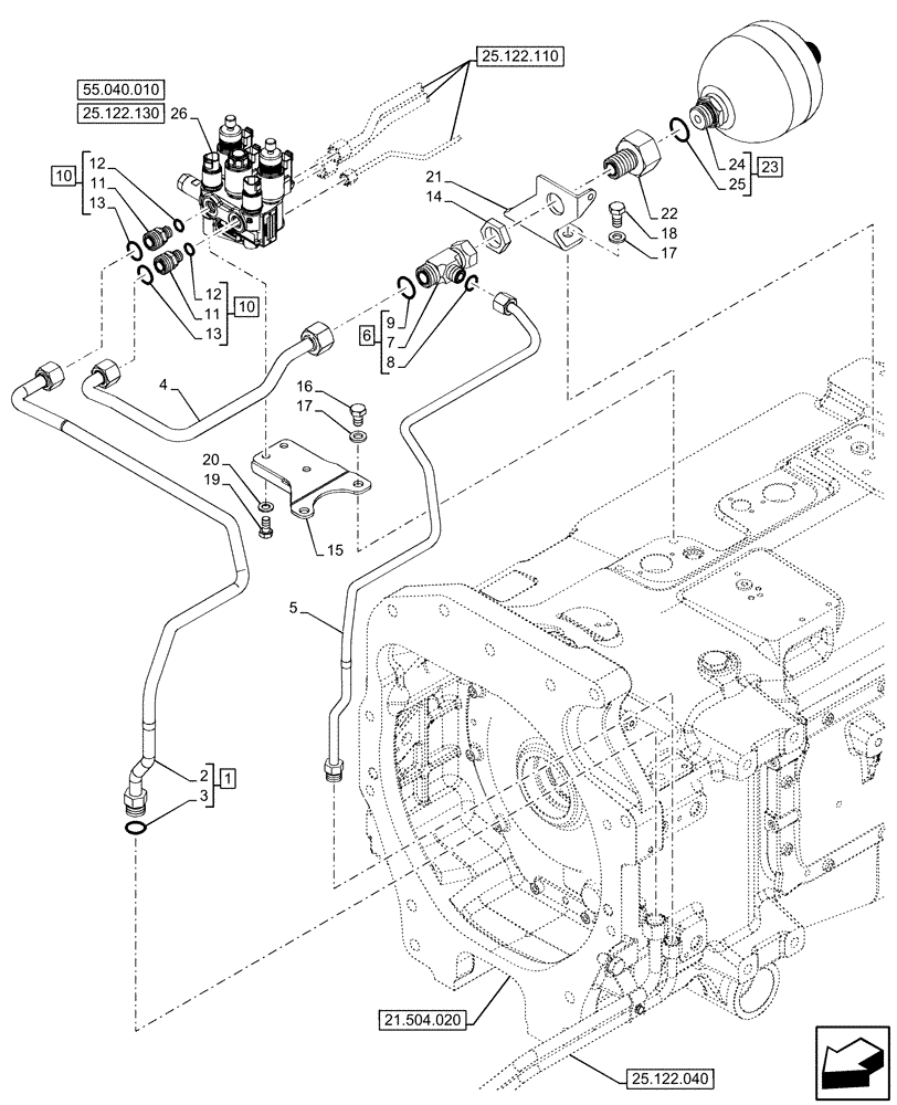 Схема запчастей Case IH OPTUM 300 CVT - (25.122.120) - VAR - 758795, 758796 - FRONT AXLE, HYDRAULIC SYSTEM, VALVE (25) - FRONT AXLE SYSTEM