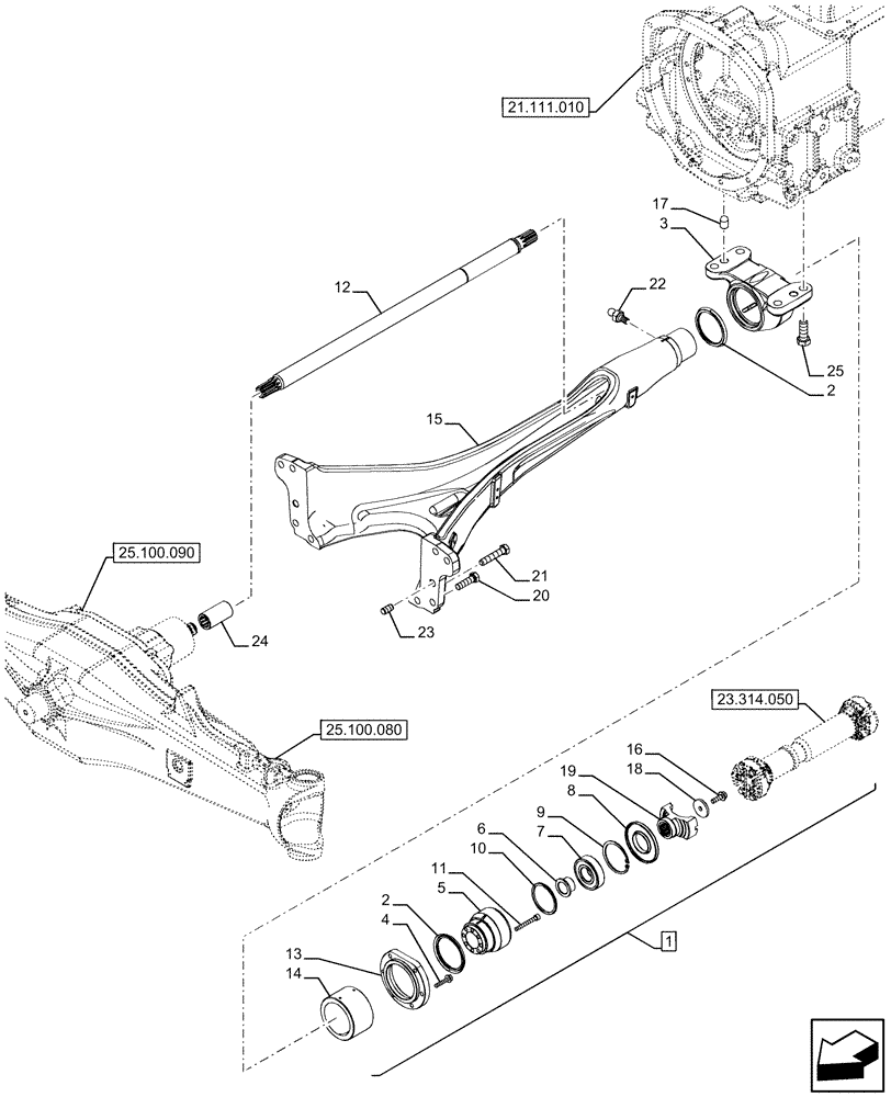 Схема запчастей Case IH FARMALL 110U - (23.314.060) - VAR - 744558, 758288, 758385, 758578 - 4WD DRIVESHAFT FOR SUSPENDED FRONT AXLE (23) - FOUR WHEEL DRIVE SYSTEM