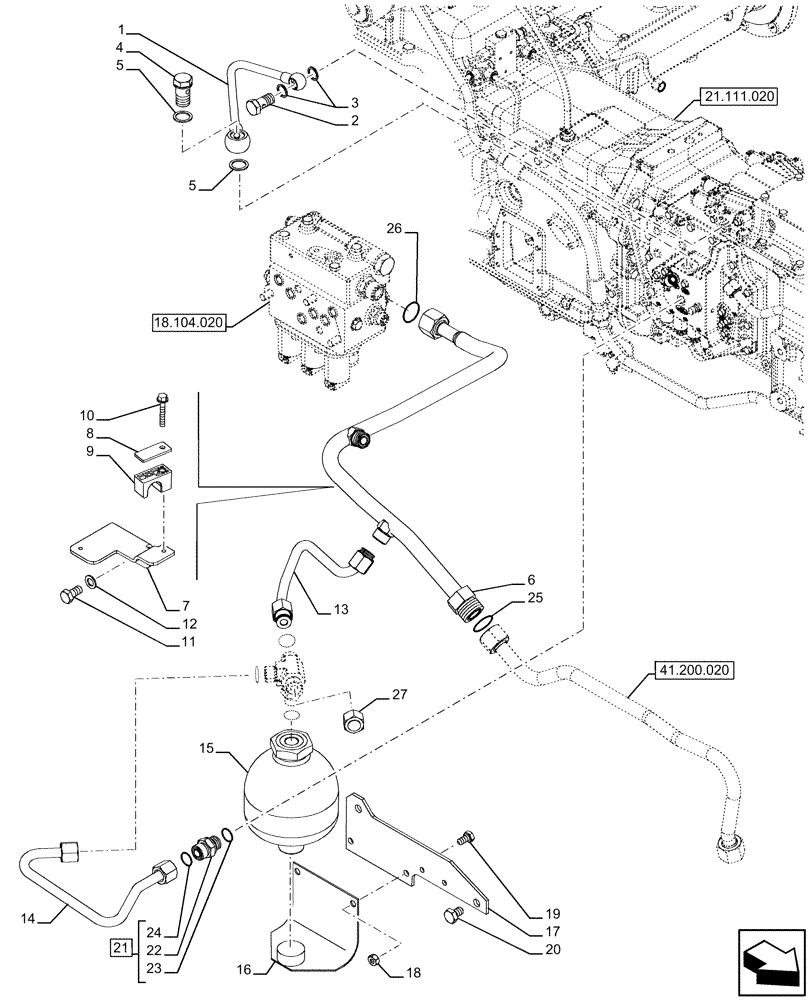 Схема запчастей Case IH FARMALL 120U - (21.103.010) - VAR - 334119, 390434 - HYDRAULIC LINE, TRANSMISSION, ACCUMULATOR (21) - TRANSMISSION