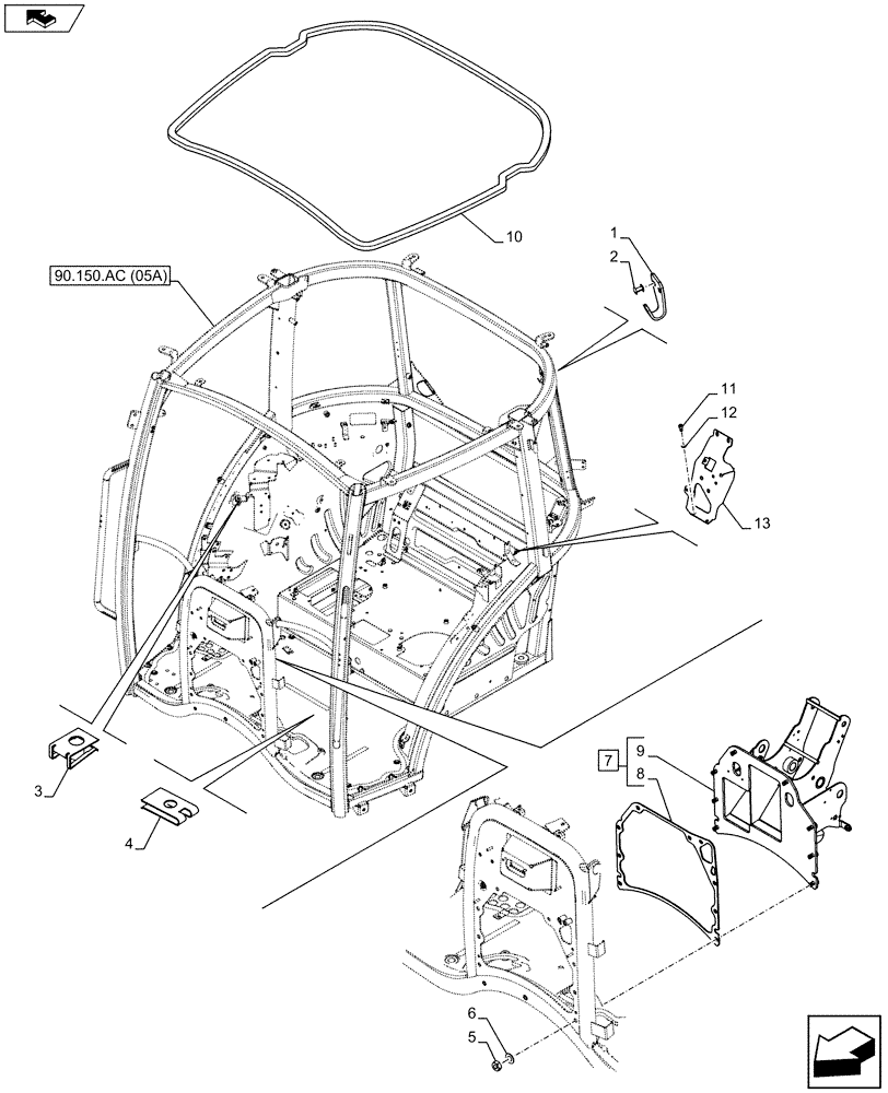 Схема запчастей Case IH FARMALL 115C - (90.150.AC[06A]) - VAR - 339606, 334212, 334184, 334182, 334181, 331606 - CAB FRAME, OPENABLE WINDSHIELD, SPARK ARRESTER, ISO - BEGIN YR 01-APR-2014 (90) - PLATFORM, CAB, BODYWORK AND DECALS