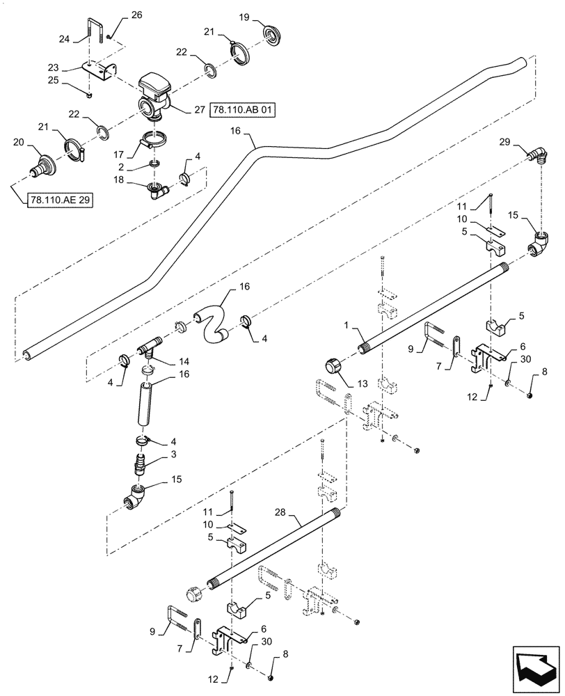 Схема запчастей Case IH PATRIOT 2250 - (78.110.AE[30]) - BOOM PLUMBING, RH, OUTER, 20" NOZZLE SPACING, 6 SECTION, 90, BSN YGT042519 (78) - SPRAYING