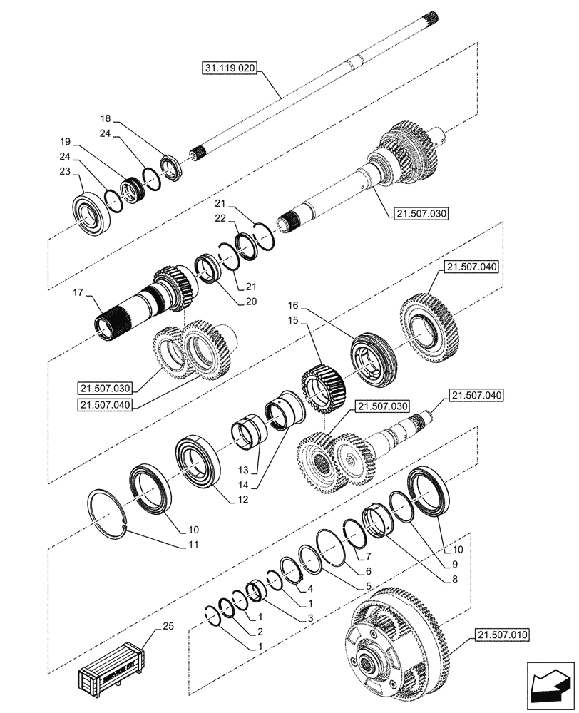 Схема запчастей Case IH OPTUM 270 CVT - (21.507.020) - VAR - 391138, 758022, 758870, 759053 - TRANSMISSION, MAIN SHAFT, RANGE GEAR (21) - TRANSMISSION