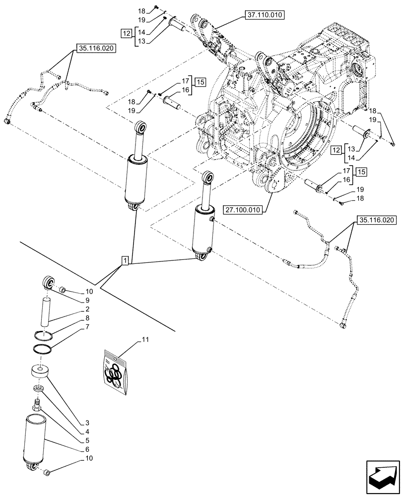 Схема запчастей Case IH OPTUM 270 CVT - (35.116.010) - VAR - 758760, 758761, 758762, 758763, 758764, 758765, 758766, 758767 - REAR, 3 POINT HITCH, LIFT CYLINDER (35) - HYDRAULIC SYSTEMS