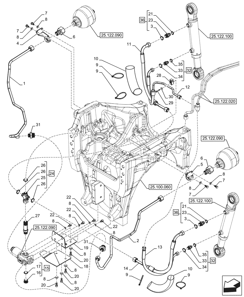 Схема запчастей Case IH OPTUM 270 CVT - (25.122.010) - VAR - 758770, 758771, 758772, 758773, 759305, 759306, 759307, 759308 - FRONT AXLE, SUSPENSION, LINES, W/ FRONT PTO (25) - FRONT AXLE SYSTEM