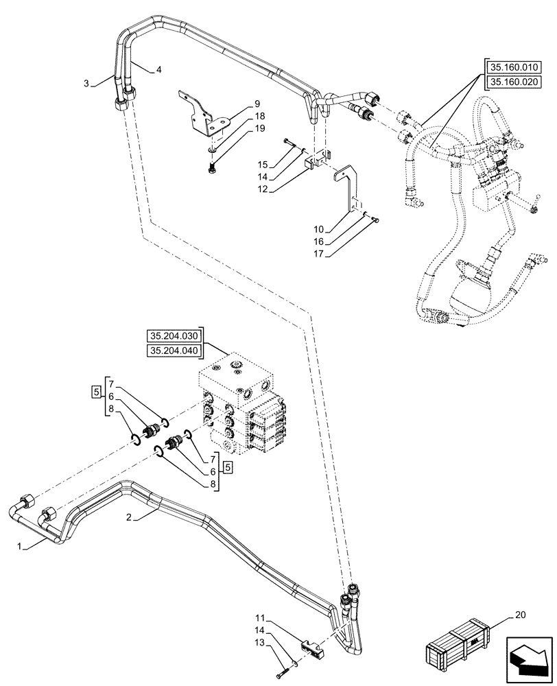 Схема запчастей Case IH OPTUM 300 CVT - (35.160.030) - VAR - 758768, 758769, 758770, 758771, 758772, 758773, 759086, 759304, 759305, 759306, 759307, 759308 - FRONT, HPL, LINES (35) - HYDRAULIC SYSTEMS