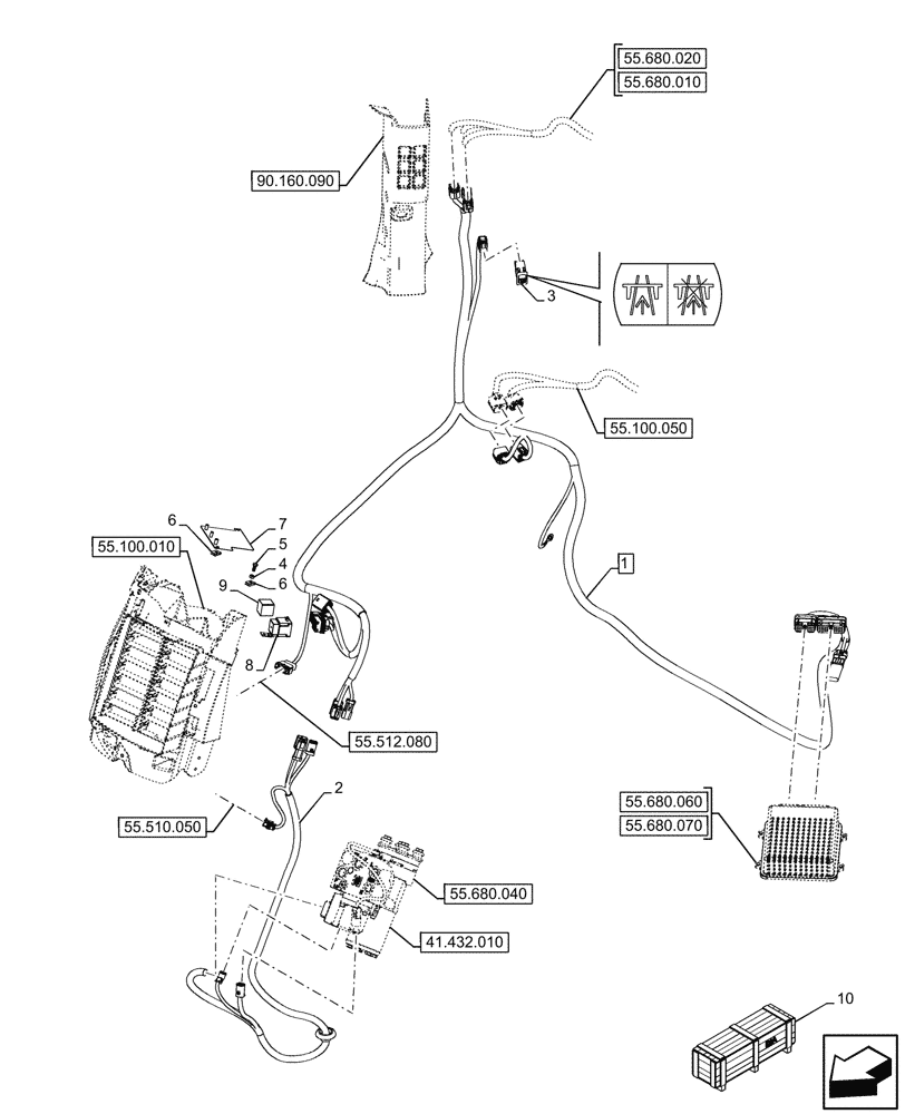 Схема запчастей Case IH OPTUM 270 CVT - (55.680.030) - VAR - 758802, 758803, 758804, 758805, 758806, 758807, 758871 - AUTOGUIDANCE, HARNESS (55) - ELECTRICAL SYSTEMS