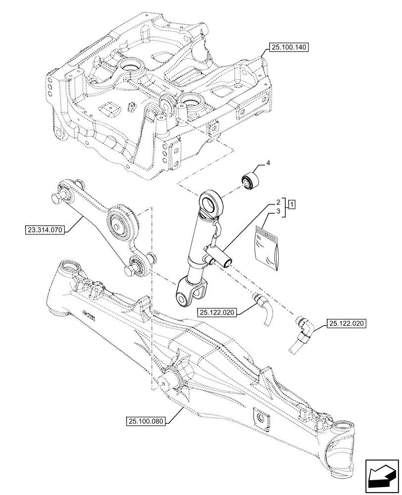 Схема запчастей Case IH FARMALL 120U - (25.122.030) - VAR - 744558, 758288, 758385, 758578 - SUSPENDED FRONT AXLE, CYLINDER (25) - FRONT AXLE SYSTEM