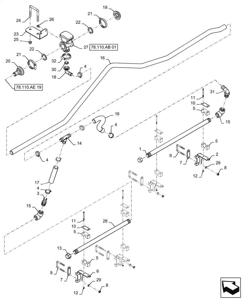 Схема запчастей Case IH PATRIOT 2250 - (78.110.AE[20]) - BOOM PLUMBING, RH, OUTER, 20" NOZZLE SPACING, 5 SECTION, 90, BSN YGT042519 (78) - SPRAYING