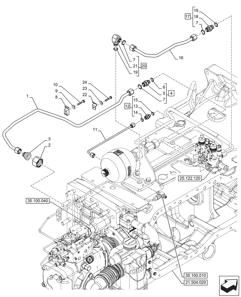 Схема запчастей Case IH OPTUM 270 CVT - (25.122.110) - VAR - 758795, 758796 - FRONT AXLE, HYDRAULIC SYSTEM, PIPE (25) - FRONT AXLE SYSTEM