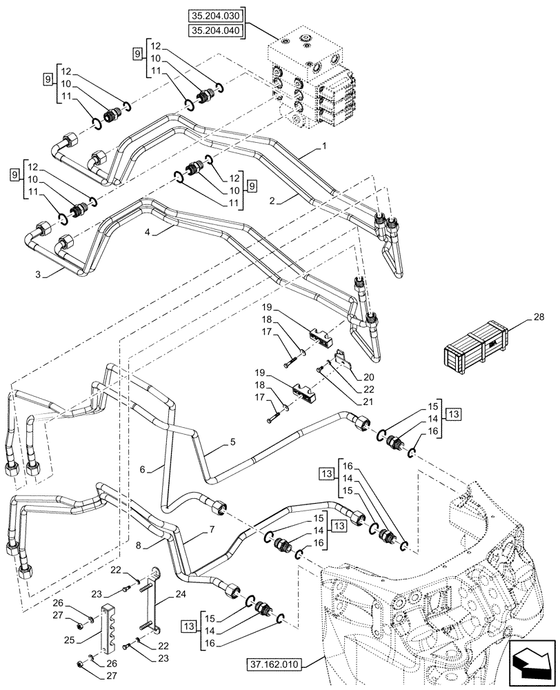 Схема запчастей Case IH OPTUM 270 CVT - (35.160.040) - VAR - 758769, 758771, 758773, 759304, 759306, 759308 - FRONT, COUPLERS, LINES (35) - HYDRAULIC SYSTEMS