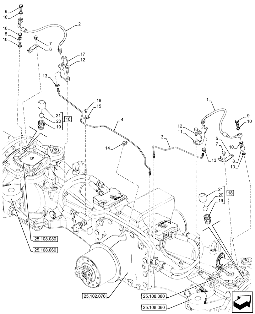 Схема запчастей Case IH OPTUM 270 CVT - (25.102.080) - VAR - 758796- FRONT AXLE, W/ FRONT BRAKES, HYD. LINE (25) - FRONT AXLE SYSTEM
