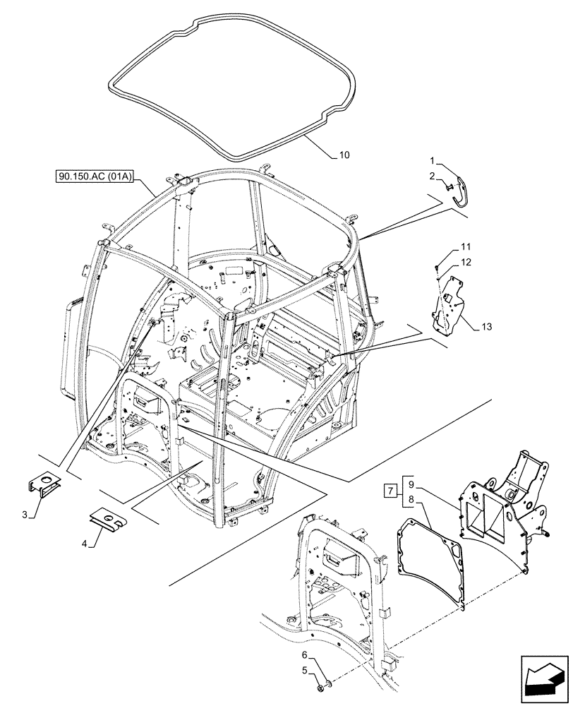 Схема запчастей Case IH FARMALL 95C - (90.150.AC[02A]) - VAR - 334180, 334183, 334211, 391606, 743496, 743573, 744588 - CAB FRAME, SPARK ARRESTER - BEGIN YR 31-MAR-2014 (90) - PLATFORM, CAB, BODYWORK AND DECALS