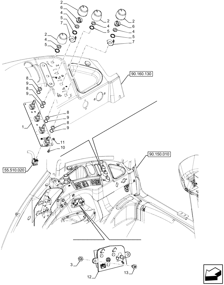 Схема запчастей Case IH FARMALL 110U - (55.523.020) - VAR - 332703, 334703, 335703 - REAR ELECTRONIC LIFT, CONTROL PANEL, WITH RADAR (55) - ELECTRICAL SYSTEMS