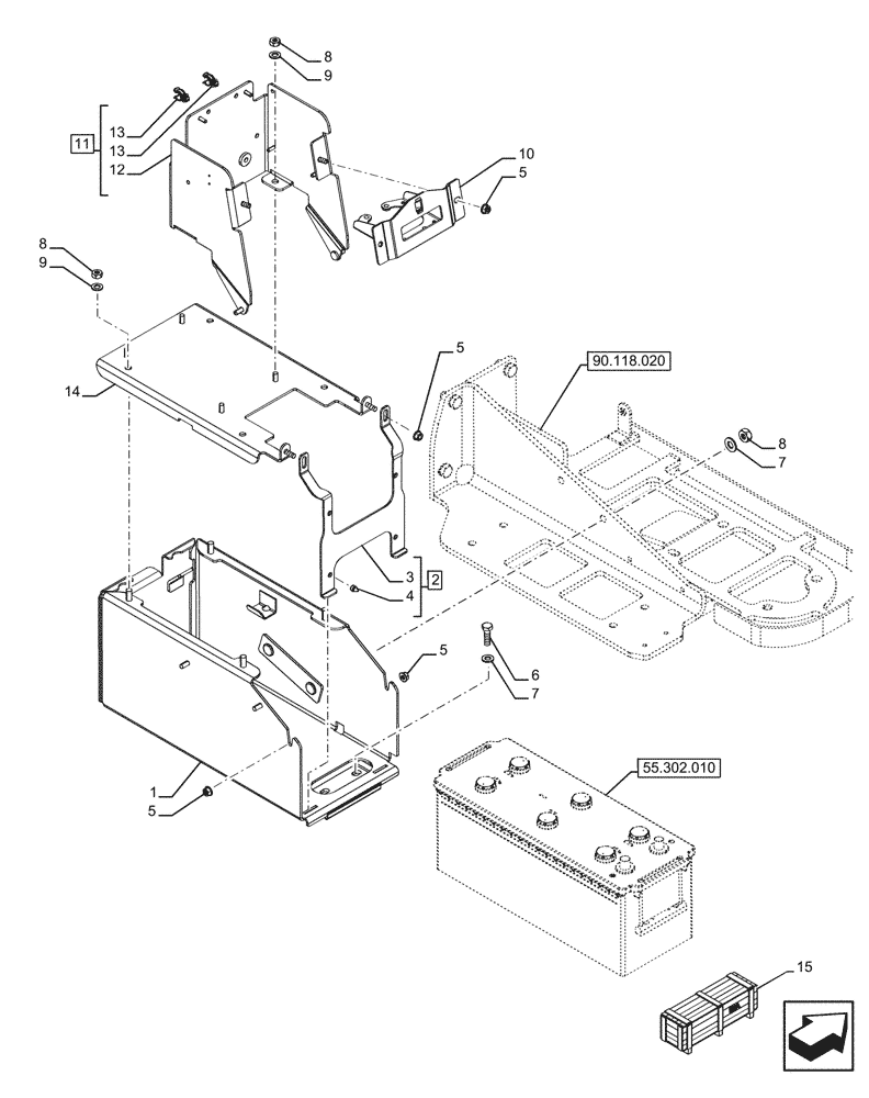 Схема запчастей Case IH FARMALL 120U - (55.302.070) - VAR - 758821 - BATTERY SUPPORT (55) - ELECTRICAL SYSTEMS