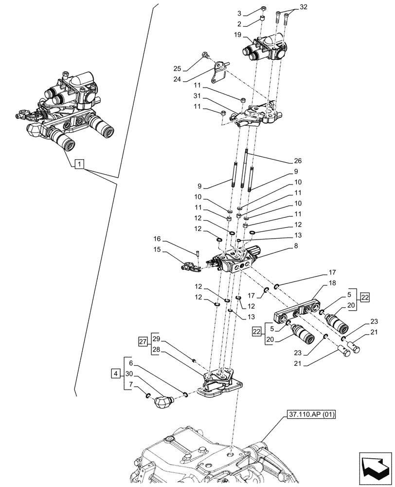 Схема запчастей Case IH FARMALL 95C - (35.204.BE[25]) - VAR - 743568 - REMOTE CONTROL VALVE (1 REMOTE, 2 COUPLERS), COMPONENTS, HI-LO - END YR 14-JUL-2015 (35) - HYDRAULIC SYSTEMS