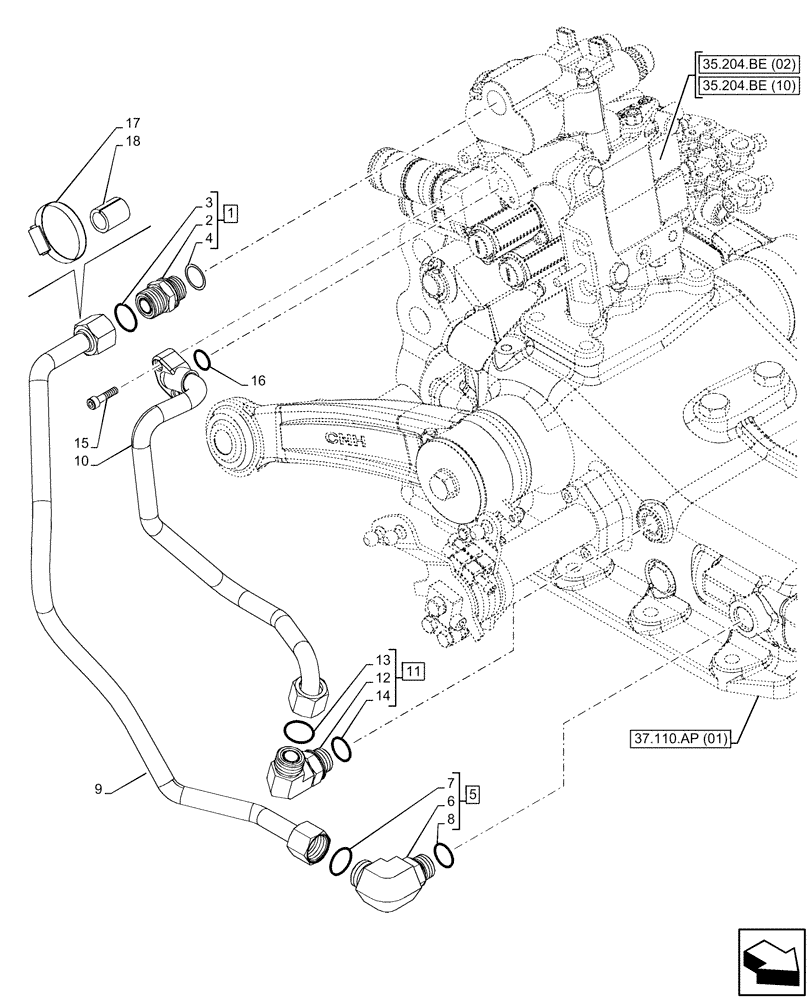 Схема запчастей Case IH FARMALL 115C - (35.204.BJ[07]) - VAR - 743568 - REMOTE CONTROL VALVE (2 REMOTES, 4 COUPLERS), LINE, HI-LO (35) - HYDRAULIC SYSTEMS