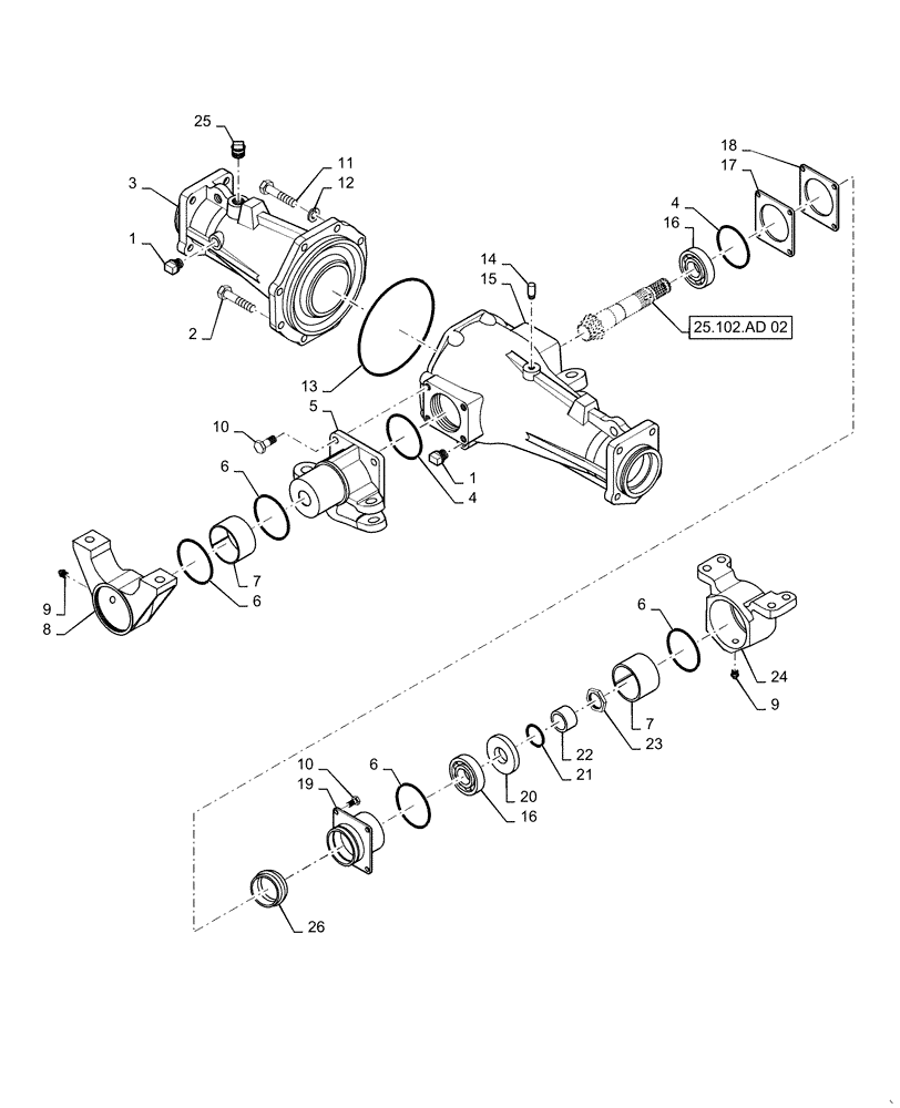 Схема запчастей Case IH FARMALL 50C - (25.102.AJ[03]) - FRONT AXLE HOUSING, CENTER, FARMALL 40C, 50C (25) - FRONT AXLE SYSTEM