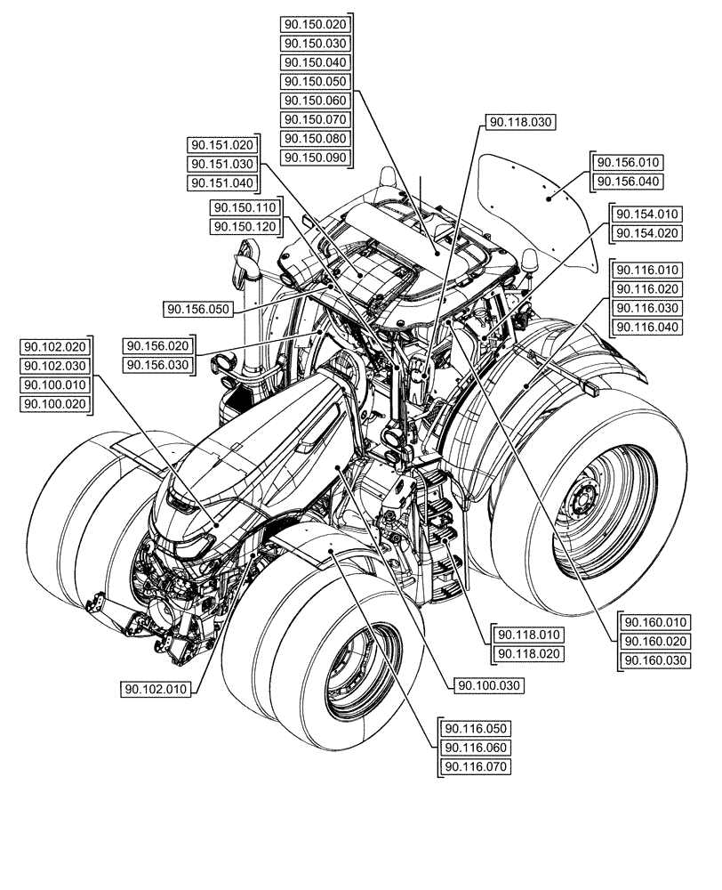 Схема запчастей Case IH OPTUM 270 CVT - (00.000.90[02]) - PICTORIAL INDEX - PLATFORM, CAB, BODYWORK AND DECALS (00) - GENERAL & PICTORIAL INDEX