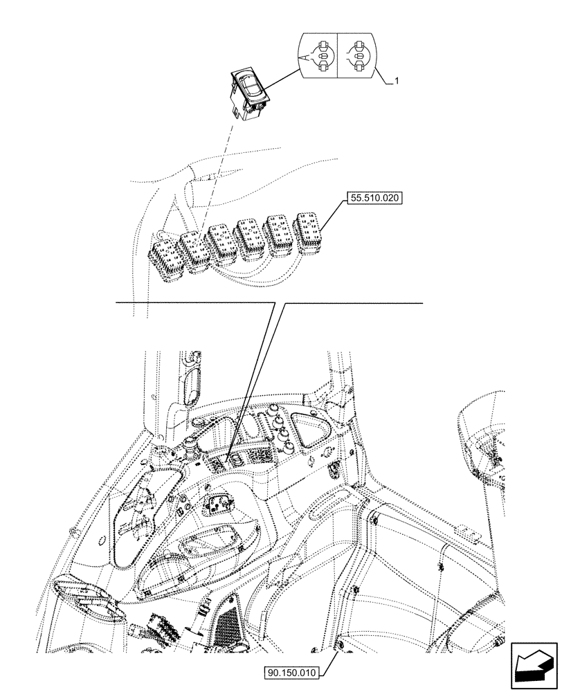 Схема запчастей Case IH FARMALL 120U - (55.542.010) - VAR - 331444, 332147, 335387, 336730, 339434, 391246 - SWITCH, ROCKER, DIFF. LOCK ASSY (55) - ELECTRICAL SYSTEMS