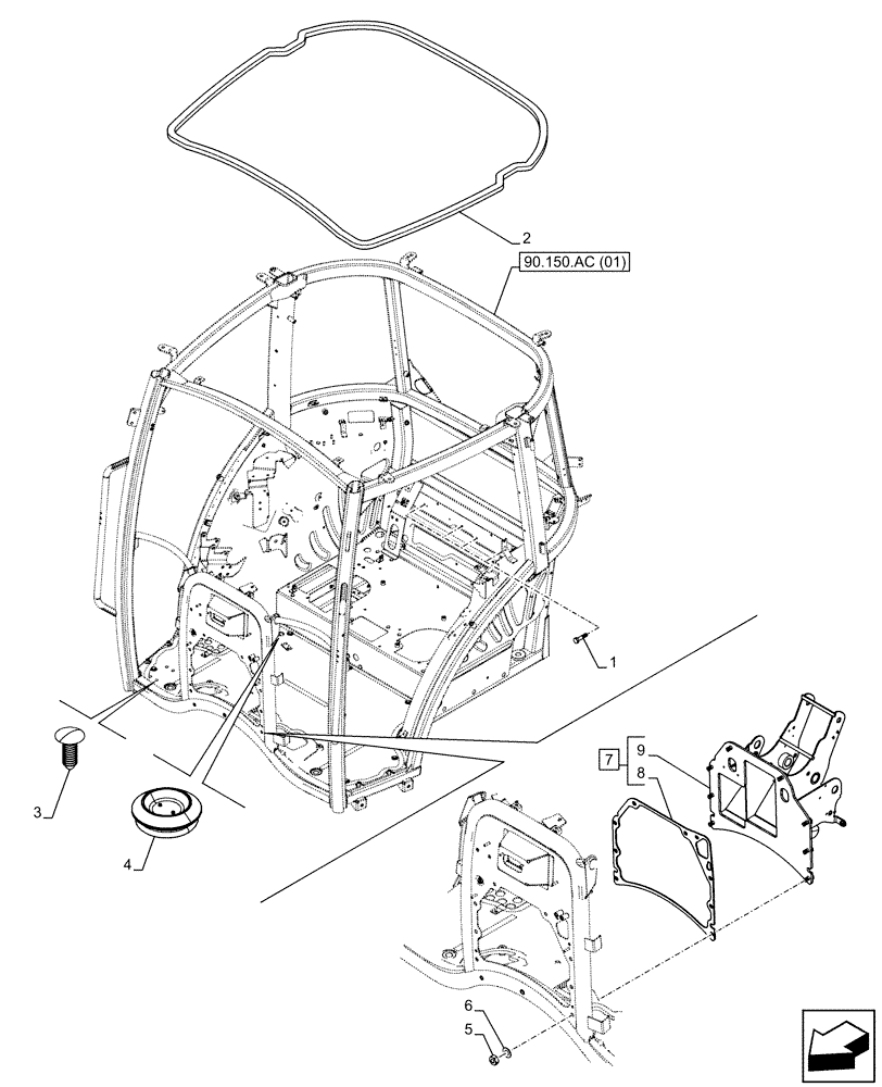 Схема запчастей Case IH FARMALL 95C - (90.150.AC[02]) - VAR - 334180, 334183, 334211, 391606, 743496, 743573, 744588 - CAB FRAME, SPARK ARRESTER - END YR 30-MAR-2014 (90) - PLATFORM, CAB, BODYWORK AND DECALS