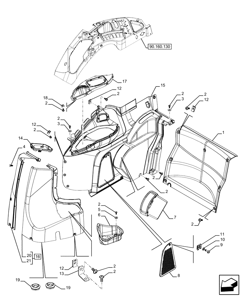 Схема запчастей Case IH FARMALL 120U - (90.160.120) - VAR - 758303, 758821 - TRIM, RIGHT SIDE, LOWER (90) - PLATFORM, CAB, BODYWORK AND DECALS