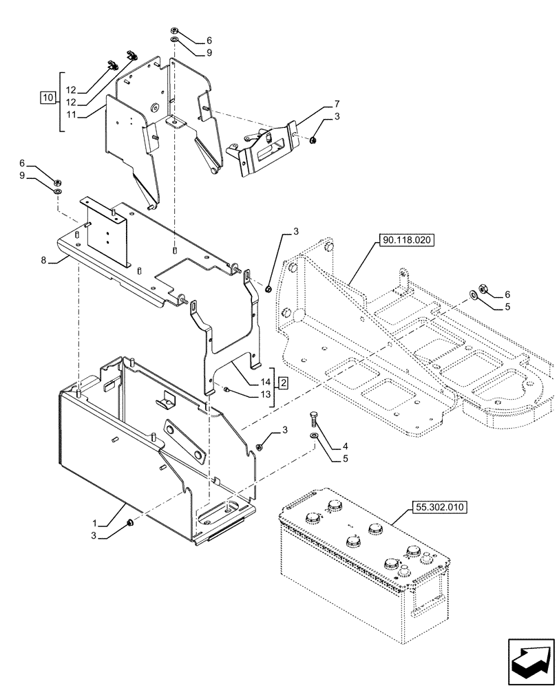 Схема запчастей Case IH FARMALL 110U - (55.302.060) - VAR - 758303, 758820 - BATTERY SUPPORT (55) - ELECTRICAL SYSTEMS