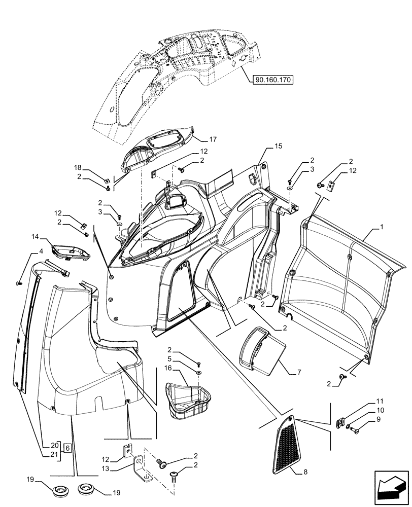 Схема запчастей Case IH FARMALL 120U - (90.160.160) - VAR - 758303, 758821 - TRIM, RIGHT SIDE, LOWER (90) - PLATFORM, CAB, BODYWORK AND DECALS