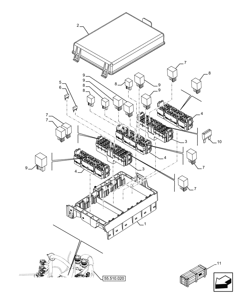 Схема запчастей Case IH FARMALL 120U - (55.100.030) - VAR - 334114, 334117, 334775, 334779, 334780, 390430 - RELAY, FUSE BOX (55) - ELECTRICAL SYSTEMS
