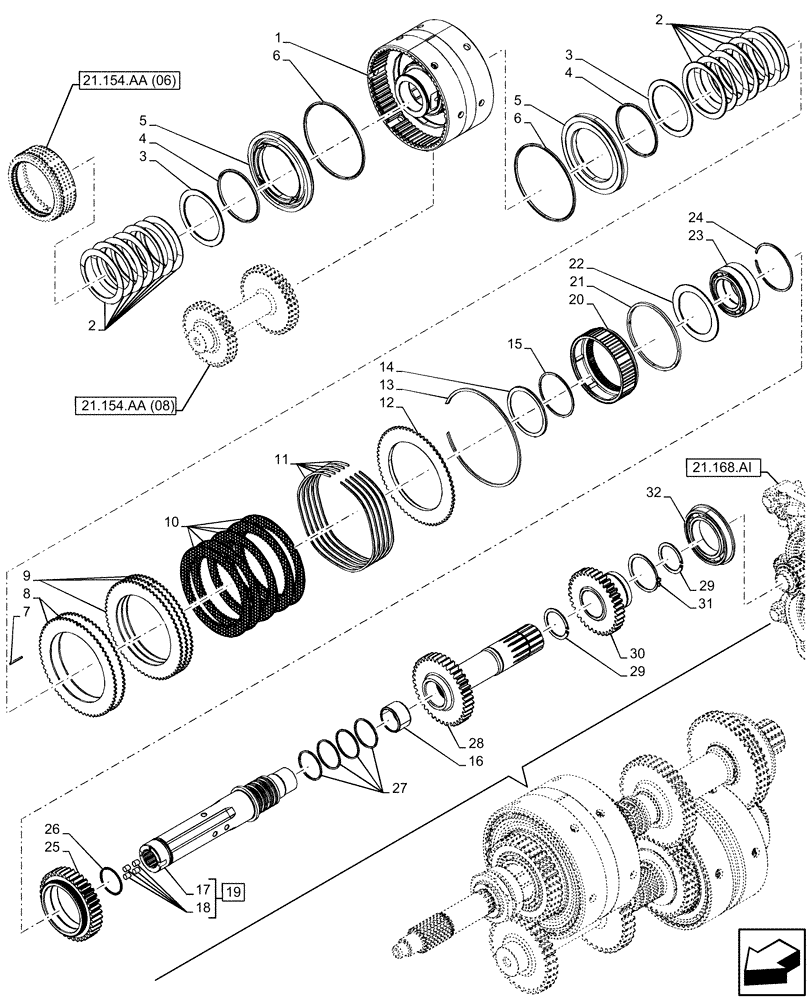 Схема запчастей Case IH FARMALL 120C - (21.154.AA[10]) - VAR - 336852, 336854 - TRANSMISSION, POWERSHUTTLE, CLUTCH HOUSING, CLUTCH DISC, HI-LO (21) - TRANSMISSION