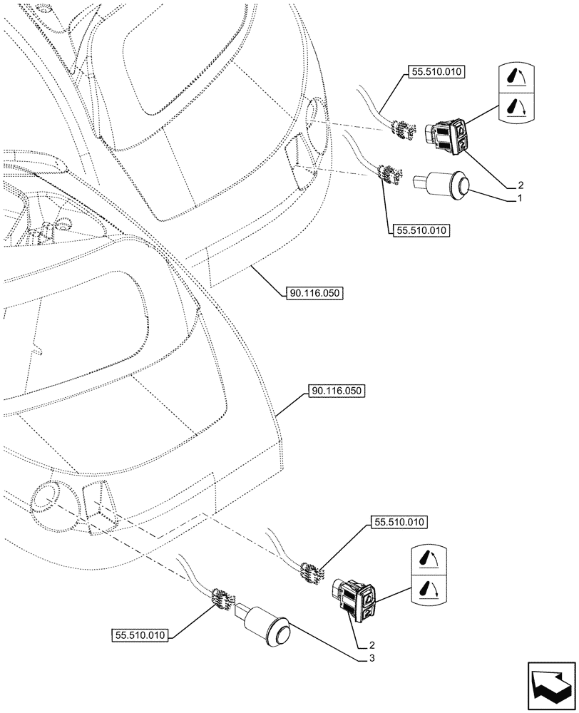 Схема запчастей Case IH FARMALL 110U - (55.048.050) - VAR - 330803, 336933 - SWITCH, PTO, REAR FENDER (55) - ELECTRICAL SYSTEMS