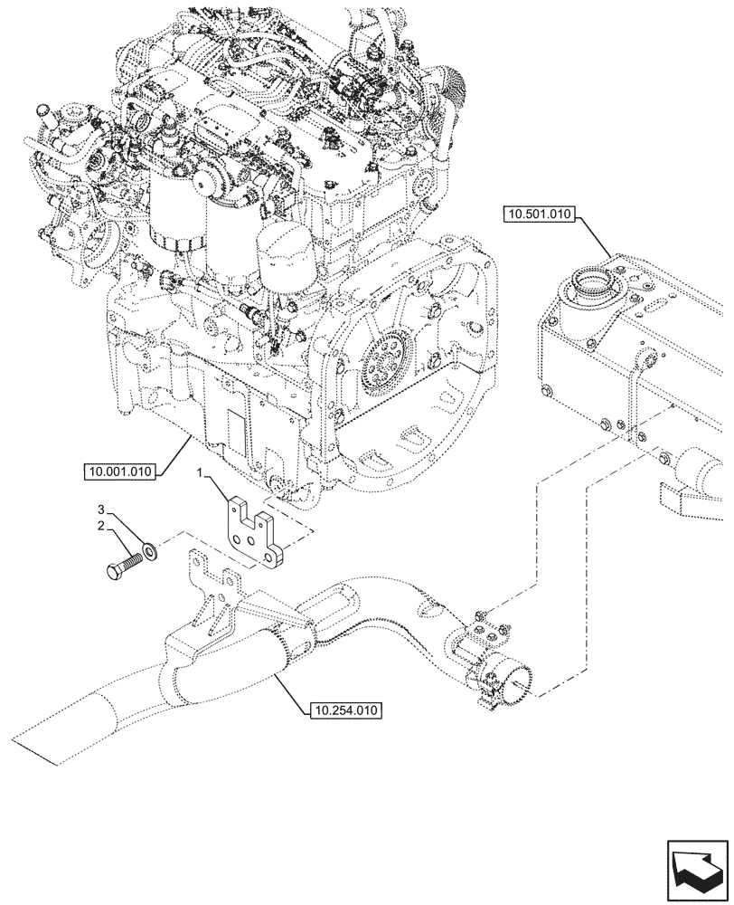 Схема запчастей Case IH FARMALL 90V - (10.254.020) - VAR - 332150 - MUFFLER, HORIZONTAL, SILENCER, SPACER, W/ CAB (10) - ENGINE