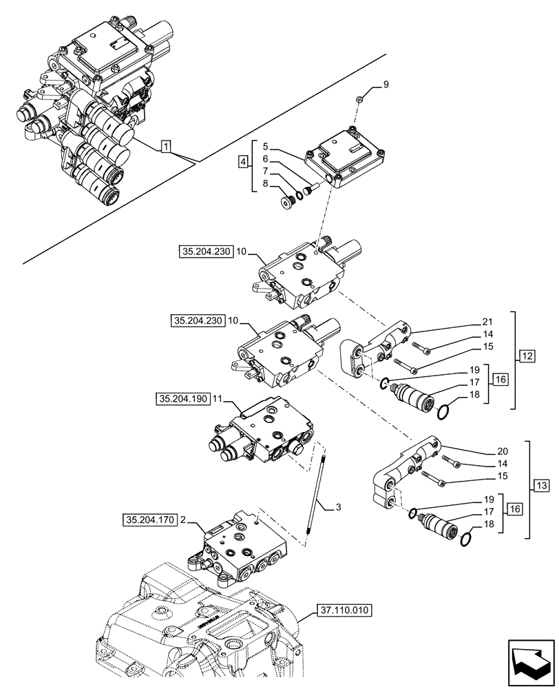 Схема запчастей Case IH FARMALL 120U - (35.204.220) - VAR - 330849 - 2 REMOTE CONTROL VALVES, REAR, W/ RECONFIGURABLE REMOTES, COMPONENTS (35) - HYDRAULIC SYSTEMS