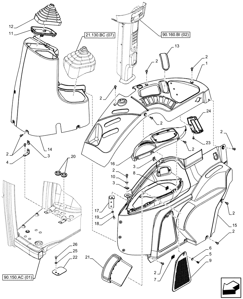 Схема запчастей Case IH FARMALL 105C - (90.160.BL[01A]) - VAR - 338125, 390124 - CAB, TRIM, RH, HI-LO, CAB - BEGIN YR 13-JAN-2014 (90) - PLATFORM, CAB, BODYWORK AND DECALS