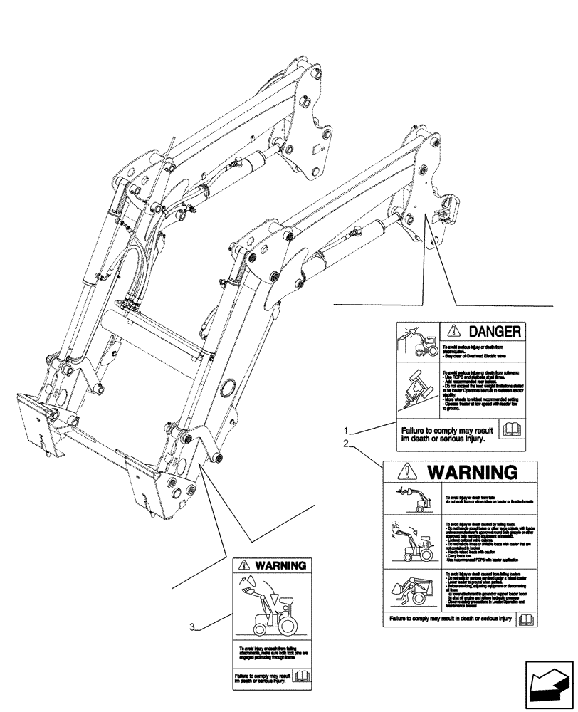 Схема запчастей Case IH FARMALL 110C - (90.108.AC[02]) - VAR - 336914, 336734, 336736, 336732 -WARNING DECAL, LOADER ARM (90) - PLATFORM, CAB, BODYWORK AND DECALS