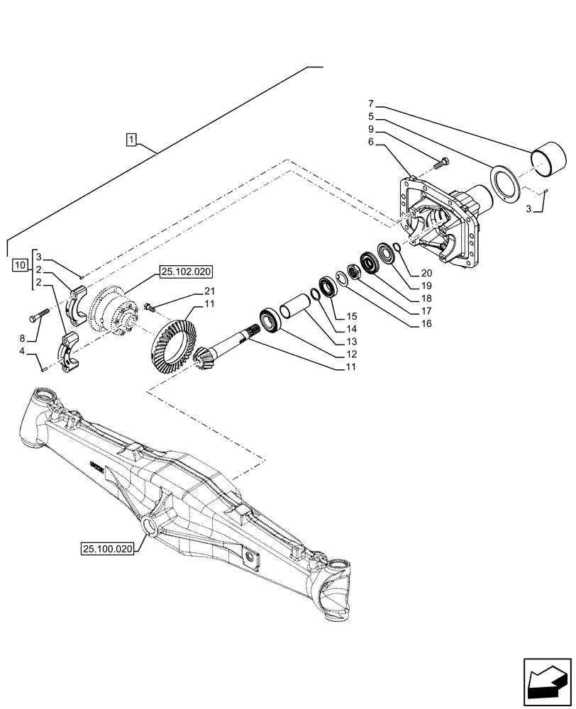 Схема запчастей Case IH FARMALL 110U - (25.102.010) - VAR - 390399 - 4WD FRONT AXLE, BEVEL GEAR, DIFFERENTIAL CARRIER, SUPPORT (25) - FRONT AXLE SYSTEM